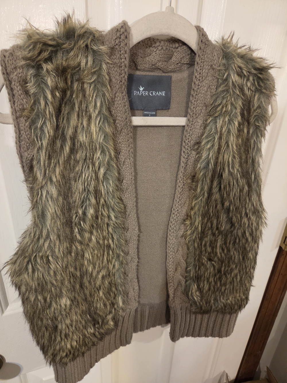 Paper Crane Taupe Knit Vest with Faux Fur Front